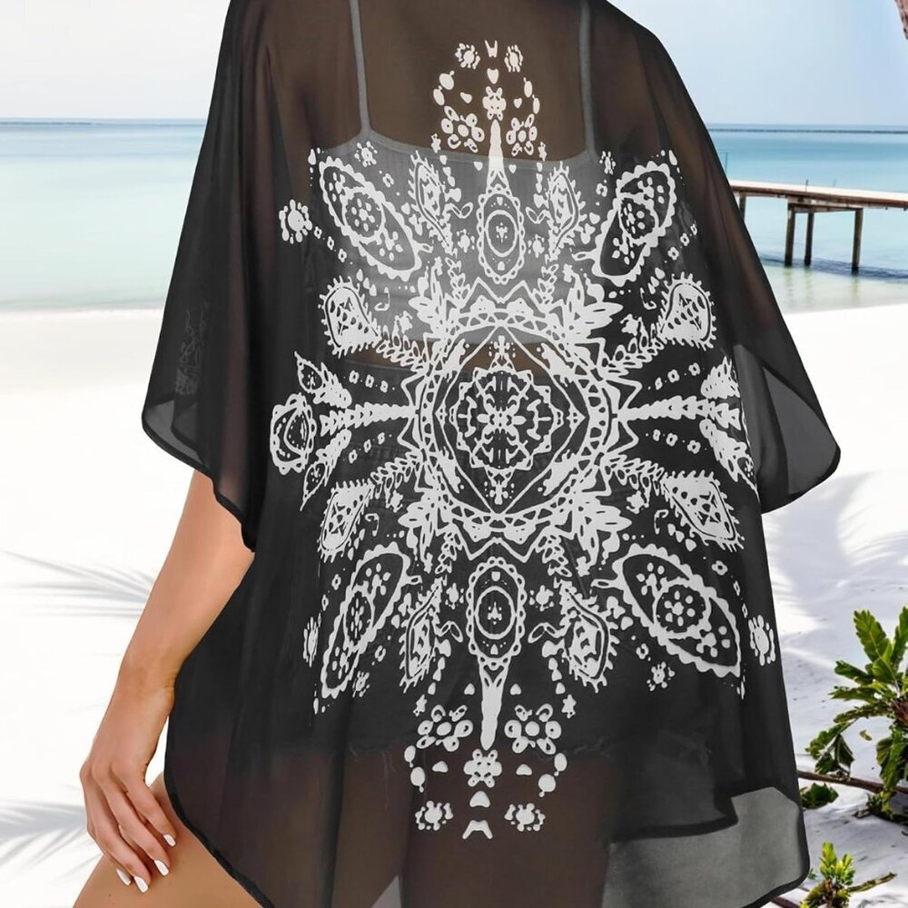 Women's Floral Print Puff Sleeve Kimono Cardigan Loose Cover Up Casual Blouse To - Picture 6 of 6